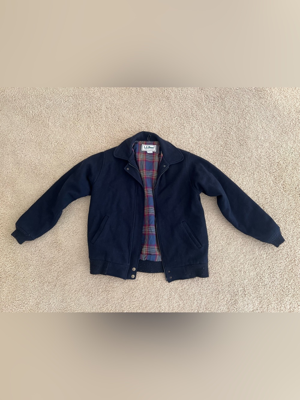 Vintage L.L. Bean Navy 100% Wool Bomber Jacket with Cotton Plaid Lining
